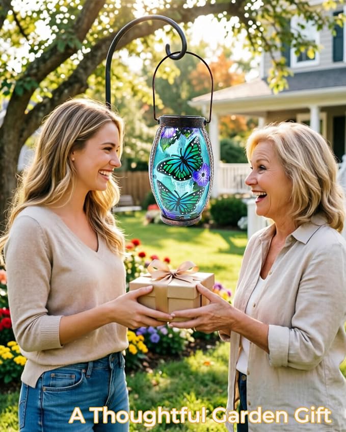 Butterfly Solar Lanterns Glass & Metal Hanging Solar Lantern Outdoor Waterproof 13.8" H Tabletop Light for Garden Patio Table Decor Mother's Day Gift
