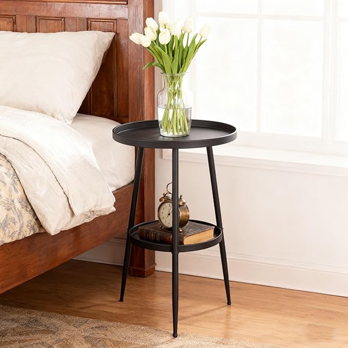 ShellKingdom Small Round Side Table, 2 Tier Metal End Table for Indoor Outdoor Bedroom Living Room Home Office Nightstand (Black)