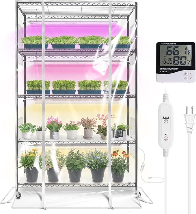Bstrip Indoor Greenhouse with Grow Light, 5-Tier 47.2"x17.8"x71" Metal Plant Cabinet with Timer & Cover, 4 x 36W Full Spectrum LED Grow Light (3 Color Modes), Seed Starting Trays for Indoor Gardening
