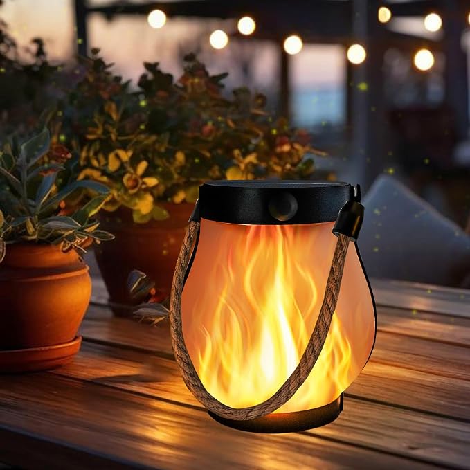 1 Pack Gen2 Solar Lanterns Outdoor Waterproof Hanging Solar Lights Flame | USB & Solar Charging, 2 Modes, Auto ON/OFF, IP65 Waterproof, Hemp Rope, Indoor Outdoor for Patio Garden Tree Tabletop Decor