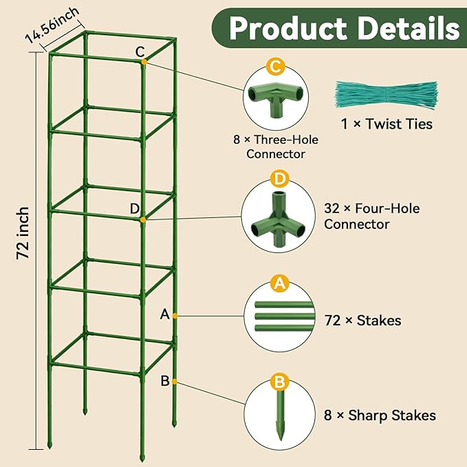 Halatool 2 Pack 72" Tall Square Tomato Cages - Heavy Duty Metal Plant Cage for Indeterminate Tomatoes, Reusable Trellis for Garden Vegetables, Up to 6ft Supports for Peppers, Cucumbers, Raised Beds