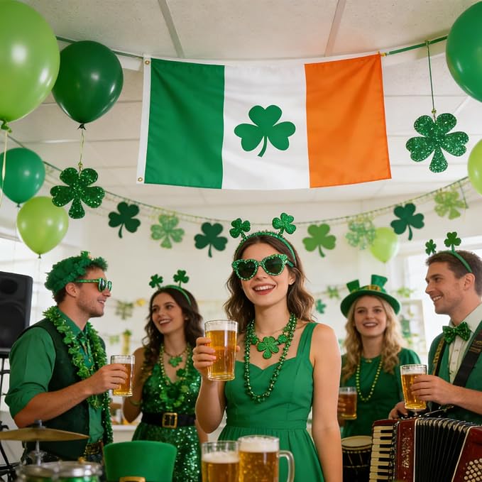 AhfuLife Irish Shamrock Flag Banner 3x5 Ft for St Patrick's Day Decorations, 1 Pc Large Ireland Shamrock Flag - Double Sided with Brass Eyelets for Irish National Day, Outdoor Indoor Garden Decor