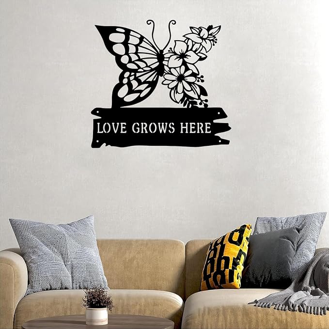 CFC0121320 Butterfly Garden Metal Sign, Personalized Flower Garden Plaque, Outdoor Decoration for Potting Shed, Customized Name for Women Men Mom Grandma Grandpa