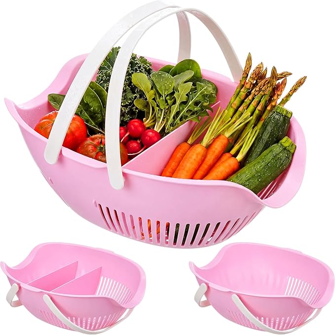 Nuogo 3 Pcs Garden Harvest Basket Removable Partitions with Tool Caddy for Collecting Carrying and Cleaning Harvesting Basket Doubles Colander for Vegetables and Fruits Garden Accessories (Pink)
