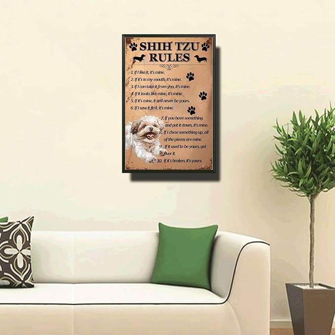 Metal Sign Tin Sign Vintage Wall Art Shih Tzu Rules Gardening Sign for Bar 6×8 Inches with Metal Frame