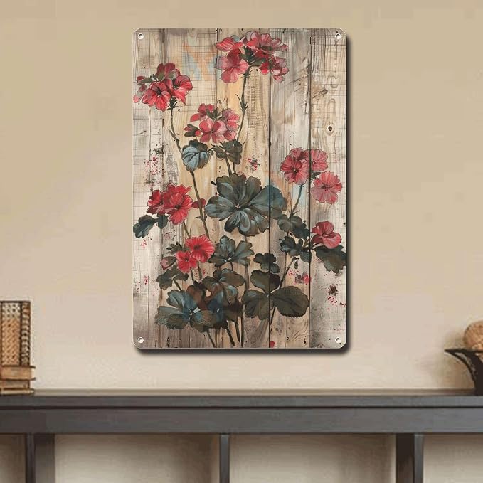 Metal Sign Tin Sign Vintage Wall Art Rustic Garden Pelargoniums Tin Sign for Vintage Wall Art Shabby Chic Gardens and Distressed Wood Boho Office Decor for Home Decor 6×8 Inches