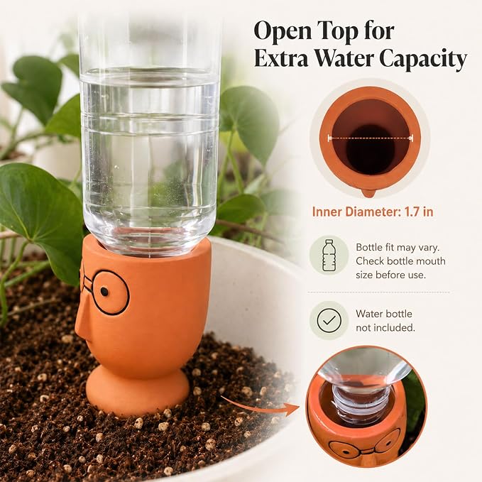 Terracotta Watering Spikes 4 Pack, Cute Self Watering Plant Spikes, Clay Plant Watering Devices, Slow Release Self Watering Planter Insert for Indoor Outdoor Potted Plants (Big Head)