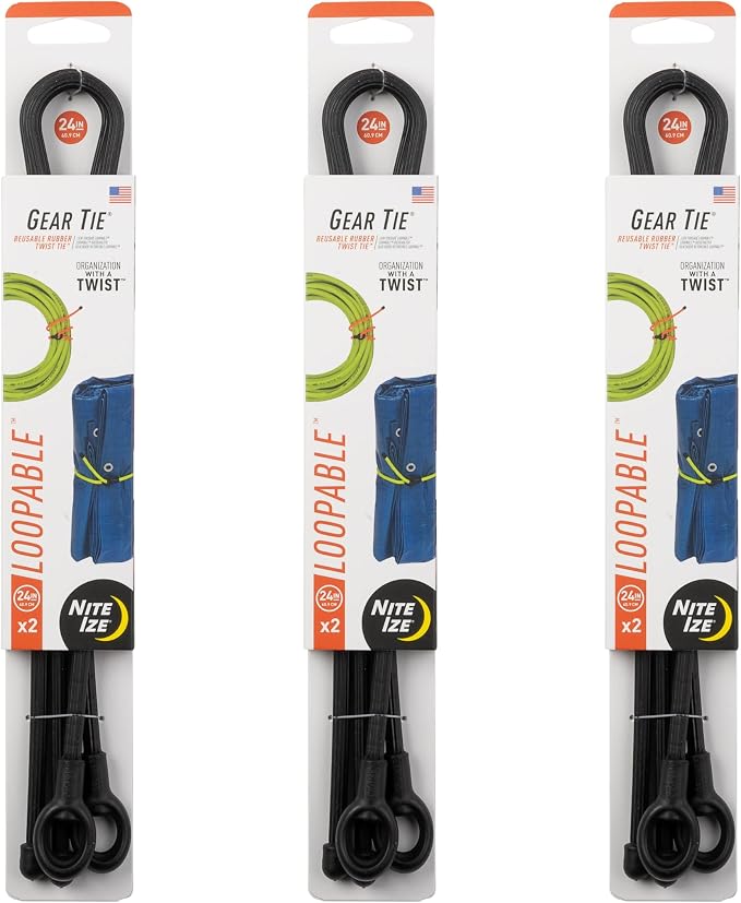 Nite Ize Gear Tie Loopable Twist Tie - Reusable & Flexible Twist Ties - Bendable Cable Ties for Gear & Cords - Loopable for Secure Fastening - 24", Black (3 Pack)