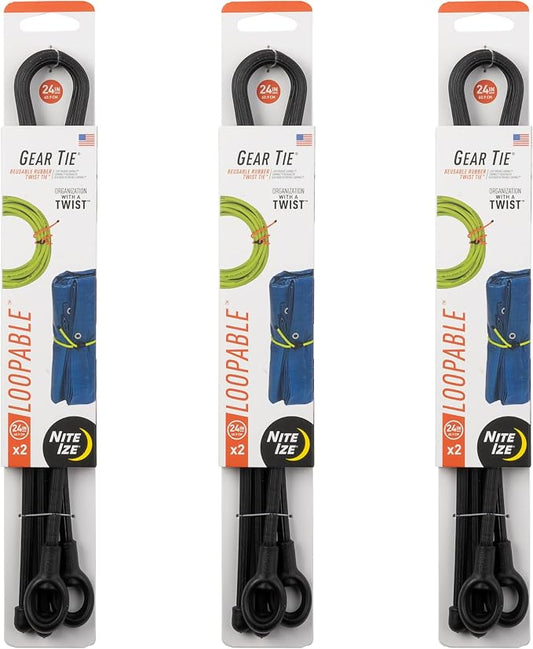Nite Ize Gear Tie Loopable Twist Tie - Reusable & Flexible Twist Ties - Bendable Cable Ties for Gear & Cords - Loopable for Secure Fastening - 24", Black (3 Pack)