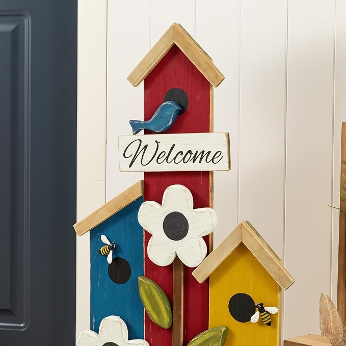 Glitzhome 30"H Welcome Yard Sign for Front Porch Standing, Wood Birdhouse Shaped Porch Board, All Seasonal Farmhouse Rustic Modern Porch Sign for Patio Front Door Outside