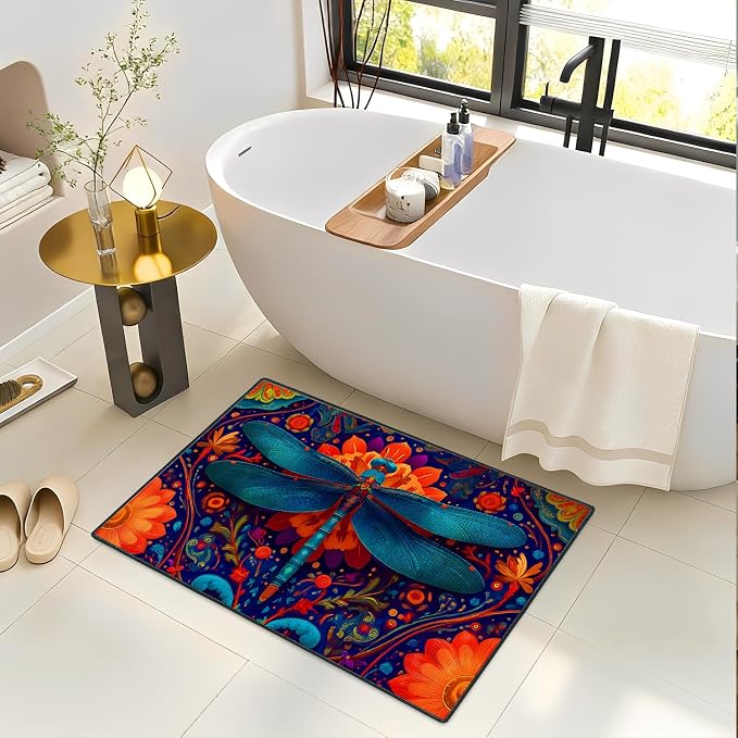 Dragonfly Floral 2x3 Entry Rug,Washable Small Rugs for Entryway Kitchen Bathroom Door Mat Indoor Entrance,Non Slip Rubber Backing,Stain & Fade Resistant,Vibrant Boho Farmhouse Decor