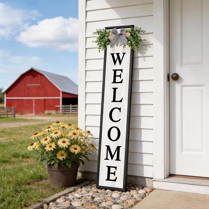 Welcome Sign for Front porch Standing 45"X9" Double-Sided Wood Frame Outdoor Tall Welcome Signs Vertical Decor for Farmhouse Rustic Home Modern Outside Front Door Wall Decorations
