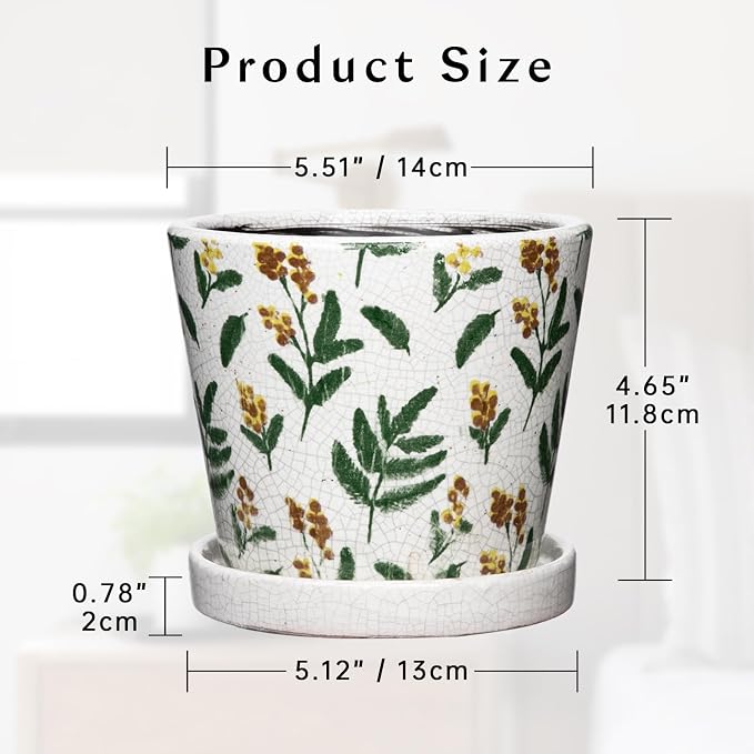 5.5 Inch Decorative Plant Pots, Round Ceramic Planters for Indoor Plants Pots with Drainage Hole Saucers, Lemon Green Leaves Ceramic Flower Pots Retro Planter Pot for Succulents Cactus Outdoor Garden
