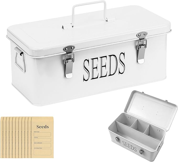 Premium Seed Organizer Box with Internal Compartments and Divider Tabs. (White)