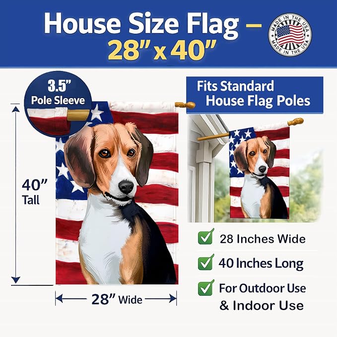 Caroline's Treasures CK6421CHF Beagle American Flag House Flag Large Porch Sleeve Pole Decorative Outside Yard Banner Artwork Wall Hanging, Polyester, House Size, Multicolor