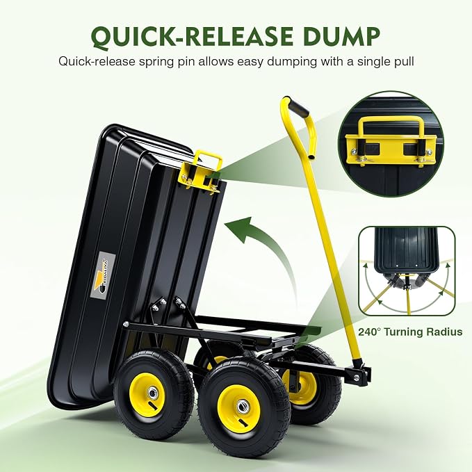 Garden Dump Cart, 5 Cu.Ft. Heavy-Duty Utility Wagon with 900lbs Capacity, 10" All Terrain Tires, 180° Rotating Handle for Yard, Lawn, and Outdoor Use