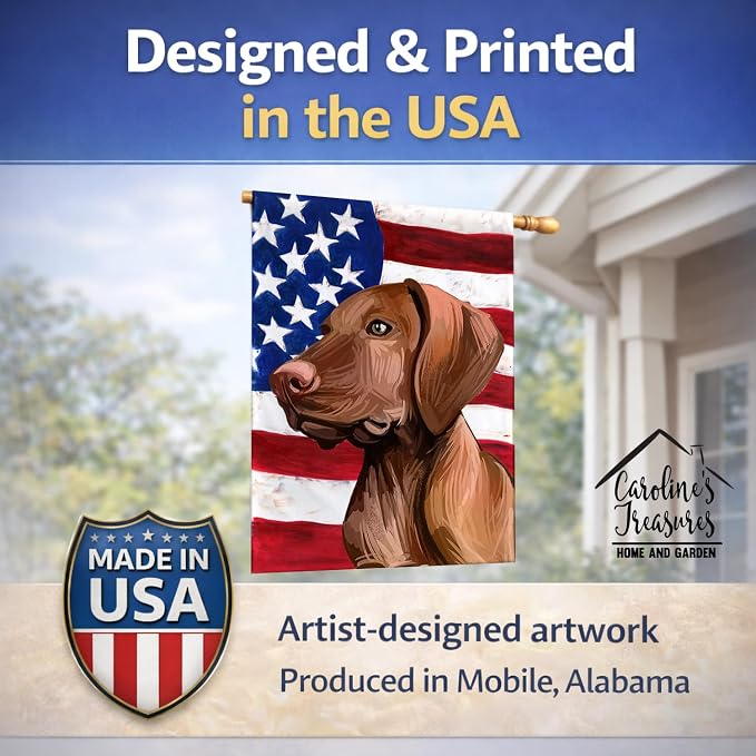 Caroline's Treasures CK6747CHF Vizsla American Flag House Flag Large Porch Sleeve Pole Decorative Outside Yard Banner Artwork Wall Hanging, Polyester, House Size, Multicolor