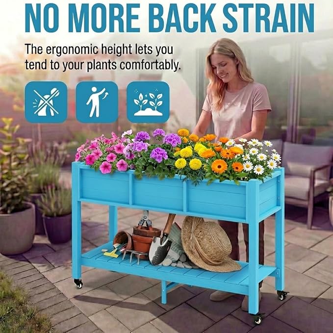 YITAHOME Raised Garden Bed HDPE, 47x18x31In Raised Flower Bed Poly-Wood Weather-Resistant Elevated Planter Box with Lockable Wheels & Storage Shelf for Vegetable Flower, Aruba Blue