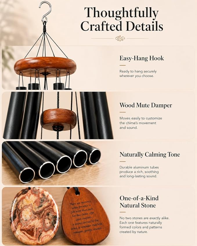 Memorial Wind Chimes for Loss of Loved One - 28 in. Sympathy Wind Chime Gift with Keepsake Stone & Message Card, Calming Tone, Wood Mute Damper, Garden Porch Patio Decor for Outside