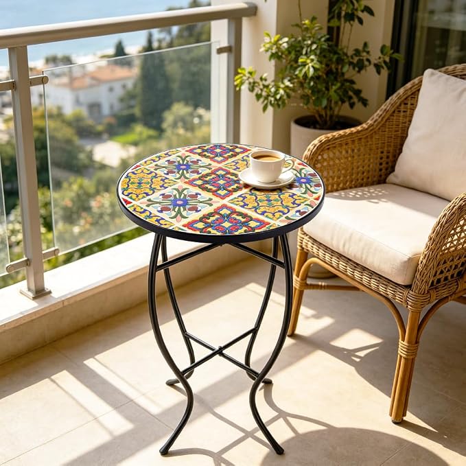 Mosaic Outdoor Side Table Small Round Patio Table Plant Stand | 21" Accent End Table with 14" Ceramic Tile Top for Small Spaces Porch Pool Garden Decor Indoor Living Room Bedroom Balcony