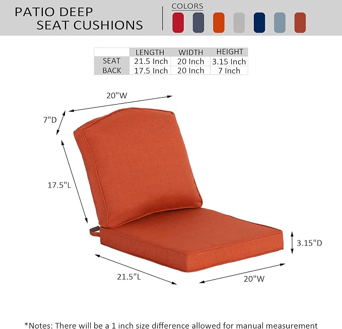 20"x21.5" Outdoor Deep Seat Patio Cushions Set of 2, Outdoor Chair Cushions Bottom Resilient Foam Filling Water-Resistant UV Resistant Weather Resistant with YKK Zippers,Quarry Red