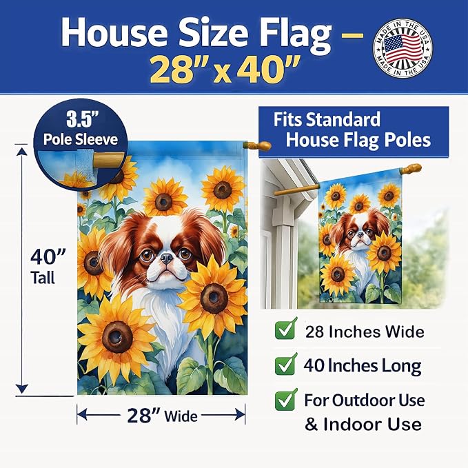 Caroline's Treasures DAC6104CHF Japanese Chin in Sunflowers House Flag Large Porch Sleeve Pole Decorative Outside Yard Banner Artwork Wall Hanging, Polyester, House Size, Multicolor