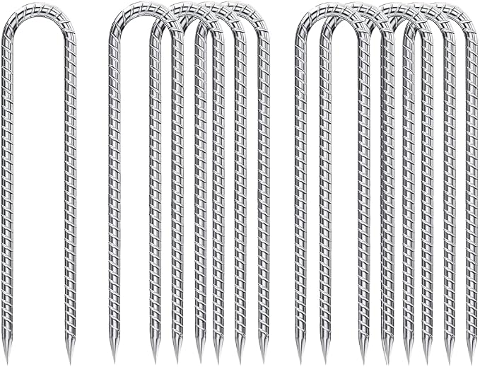 U-Hook-Rebar-Stakes-12 Inch, Ground Stakes Heavy Duty Rebar Stakes for Camping 8pcs Rebar Stakes Rust Proof Coated Metal for Flower Gardens Dog Fence Camping Tents Chicken Coop
