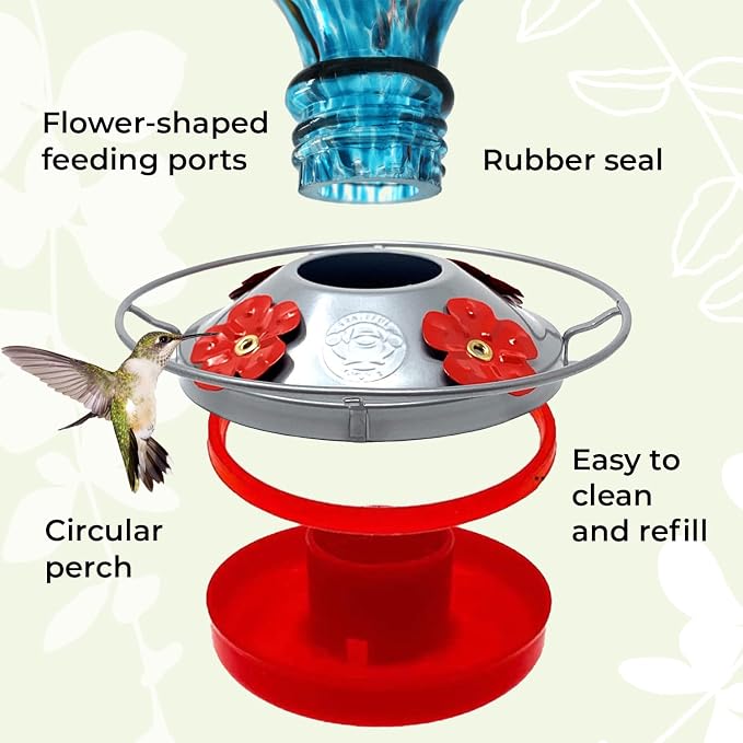 Hummingbird Feeder by Grateful Gnome - Large Hand Blown Stained Glass Feeder for Garden, Patio, Outdoors, Window with Accessories S-Hook, Ant Moat, Brush - 36fl oz, Large Blue Egg Design