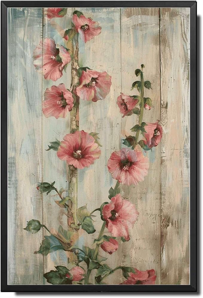 Metal Sign Tin Sign Vintage Wall Art Antique Grandeur Hollyhocks Tin Sign for Shabby Chic Interiors Tall Stem Displays and Corrosion R Tin Sign Paper for Bar 6×8 Inches with Metal Frame