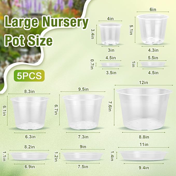 12/10/8/6/4 Inch Clear Nursery Pots with Drainage and Saucers, 20 Pack Large Clear Plastic Nursery Pots for Plants, Seedling Plant Pots for Repotting and Growing Plants, Flowers & Vegetables