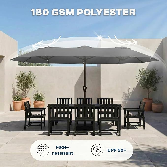 15FT Large Patio Umbrella with Base Included, Double Sided Outdoor Market Umbrella with Flexible Fiberglass Ribs, UV-Blocking Extra Large Umbrella for Garden, Pool, Deck, Gray