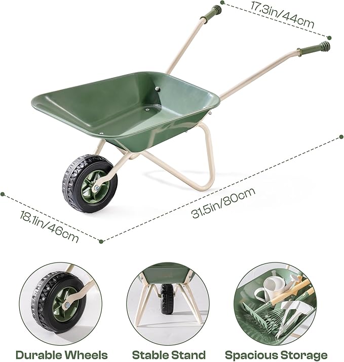 ROBUD Kids Wheelbarrow with Gardening Tools Set, Educational Kids Gardening Set with Kid Wheelbarrow, Toddler Gardening Set, Watering Can, Plant Labels, for Ages 3+ Boys Girls(Green)