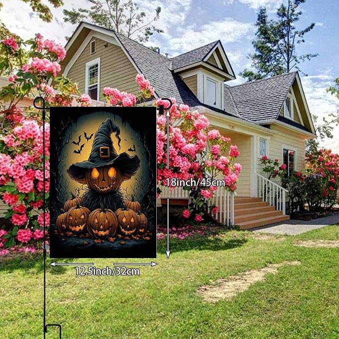 EMMTEEY Halloween Garden Flag Scary Halloween 12.5X18 Double-Sided, Seasonal Yard Flags Pumpkin Bats Small Burlap Garden Flags for Outside Front/Back Door