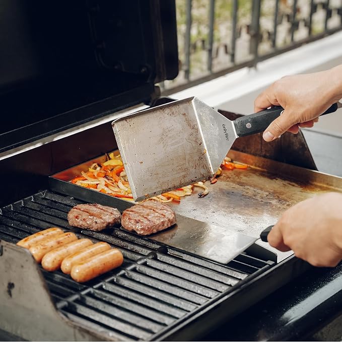 onlyfire BBQ Spatula Set for Camping/Backyard BBQ - Heavy Duty Stainless Steel Griddle Accessories Kit with Enlarged Spatula, Scraper and Long Spatula - Set of 3