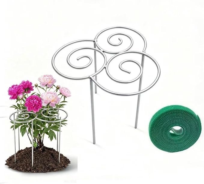 Spiral Metal Plant Support Ring, Heavy Duty Peony Cage, Rustproof Garden Support for Flowers, with 196in Velcro Plant Ties