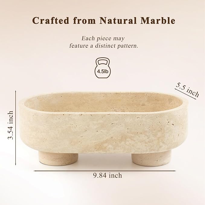 LIN CHUAN Natural Oval Travertine Stone Fruit Bowl for Kitchen Counter | Two-Legged Decorative Pedestal Bowl for Dining Table Decor, 10" Luxury Entryway Catchall Purse Bowl - Travertine