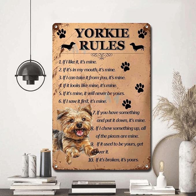 Metal Sign Tin Sign Vintage Wall Art Yorkie Rules Tin Signs Gardening for Restaurant 12×16 Inches
