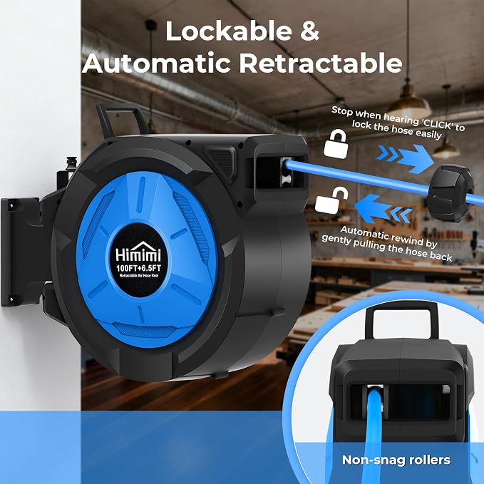 Retractable Air Hose Reel, 3/8" x 100 Ft Hybrid Hose Air Compressor Hose Reel with 6.5 Ft Lead-in Max 300 PSI, Air Hose with Any Length Lock, Automatic Rewind, 180° Swivel Bracket, Quick Coupler