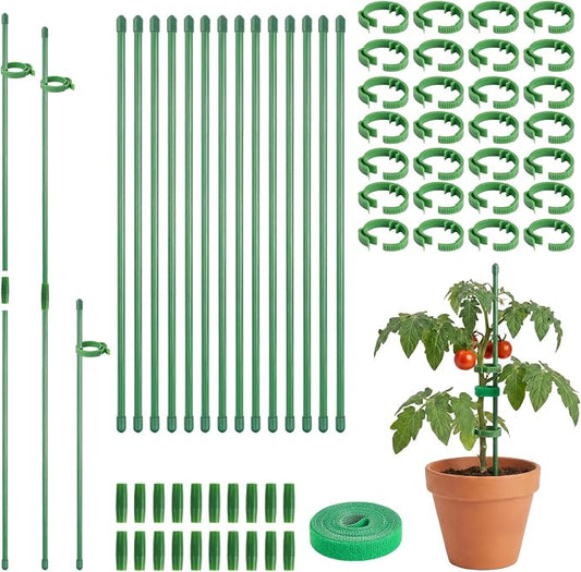 30 Pcs Plant Support Stakes Height Adjustable (17.7, Inches) | Garden Single Stem Plant Stake with 60 Pcs Plant Clips and 20 Pcs Connect Pipe for Orchid Rose Peony Peppers Amaryllis Tomato