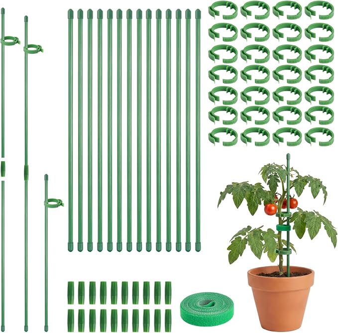 30 Pcs Plant Support Stakes Height Adjustable (11.8, Inches) | Garden Single Stem Plant Stake with 60 Pcs Plant Clips and 20 Pcs Connect Pipe for Orchid Rose Peony Peppers Amaryllis Tomato