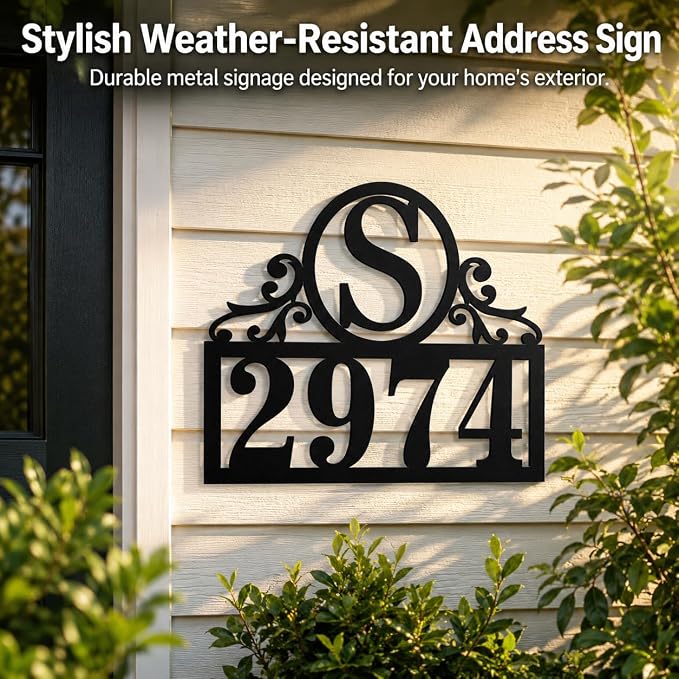 Personalized Metal House Number Sign for Outside, Custom Address Plaque with Family Initial, Door Number Plate for Yard Porch Wall Decor, House Numbers for Home