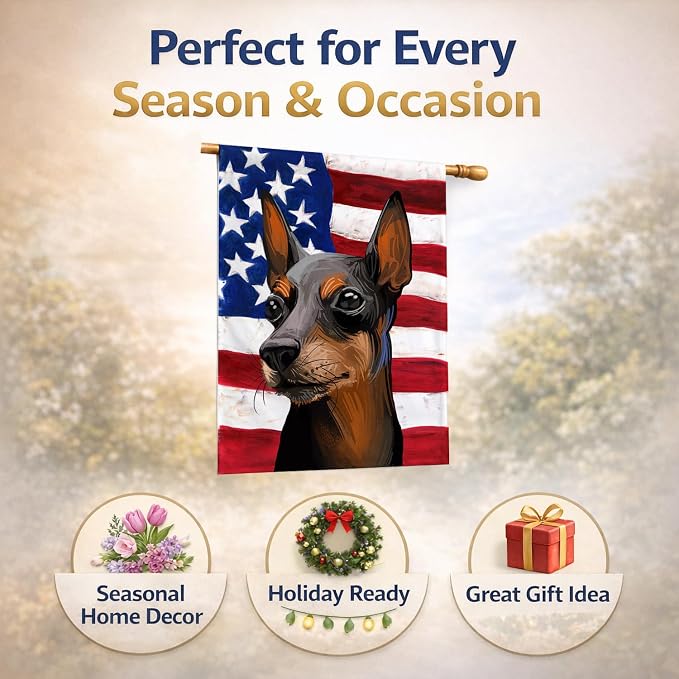 Caroline's Treasures CK6743CHF Toy Manchester Terrier American Flag House Flag Large Porch Sleeve Pole Decorative Outside Yard Banner Artwork Wall Hanging, Polyester, House Size, Multicolor