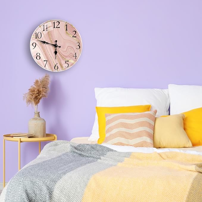 Britimes Round Wall Clock Silent Non-Ticking Battery Operated Outdoor Waterproof Glass Clock 12 Inch, Gold Pink Marble Home Decor for Living Room, Kitchen, Bathroom, Bedroom, and Office