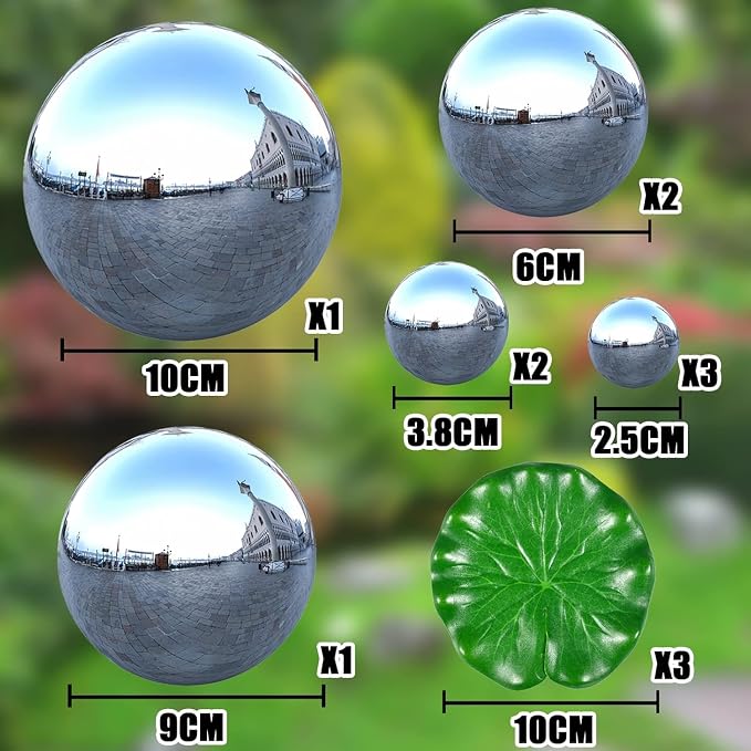 9 Set Stainless Steel Gazing Balls (4" x1, 3.5" x1, 2.4" x2, 1.5" x2, 1" x3), Silver Polished Hollow Reflective Globe, Floating Mirror Sphere for Garden, Pond, Yard, Lawn & Outdoor Home Decor