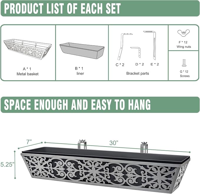 6 Pack 30 Inch Window Boxes Planter for Outdoor Plants Deck Railing Planters Box with Adjustable Brackets for Porch Fence Balcony Hanging Flower Baskets with Non-Woven Fabric Liner for Garden Décor