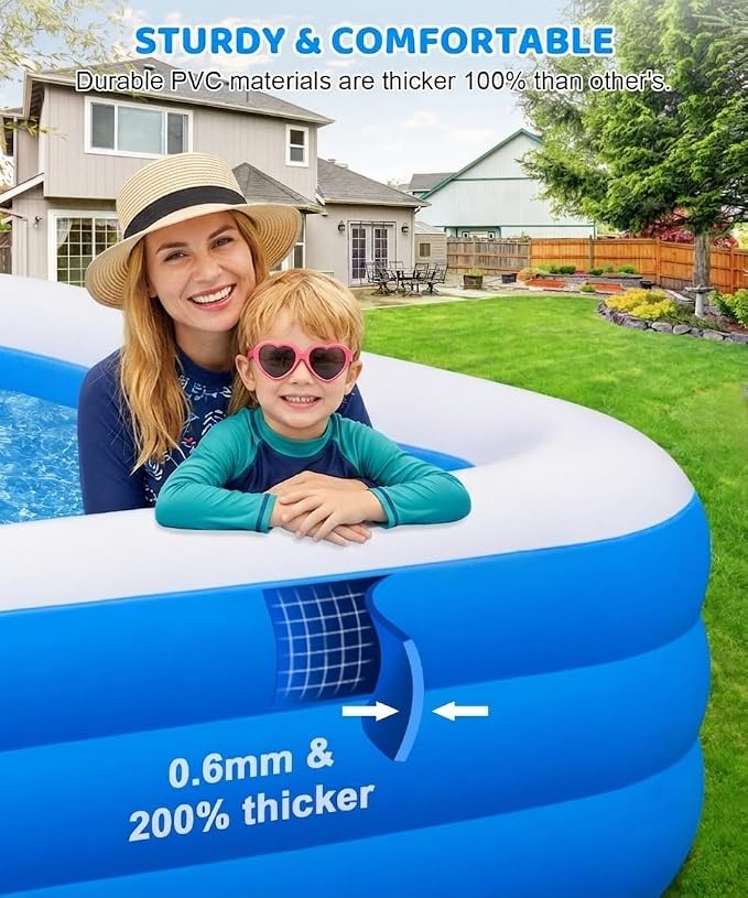 180" x 76" x 22" Large Inflatable Swimming Pool for Adults & Kids, Oversized Family Blow Up Pool for Backyard, Sturdy Thickened Kiddie Pool, Easy Setup & Portable