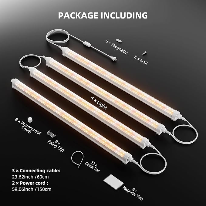 Spider Farmer 2FT T5 LED Grow Lights for Indoor Plants, 5000K 3000K 660nm Full Spectrum 80W (4x20W), IP65 Waterproof Linkable LED Plant Light Strips, 4-Pack for Seed Starting Hydroponics