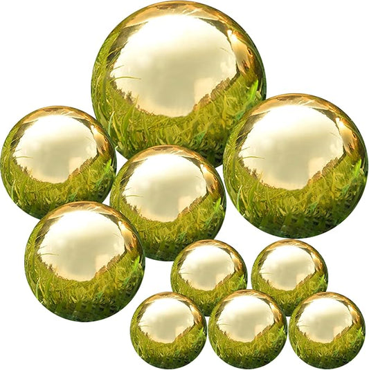 Gazing Ball Garden Mirror Outdoor - Outside Decorative Globe, Gold, 10Pcs | Metal Polished Reflective Sphere, Stainless Steel Hollow Decoration Ornament for Home Pond Swimming Pool Housewarming Gift