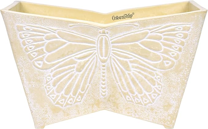 GreenShip 16 Inch Large Resin Flower Pots, Resin Planter Pot with Drainage Hole, Vintage Butterfly Embossed Decorative Garden Pot, Weather-Resistant for Porch, Patio, Indoor Use, Beige