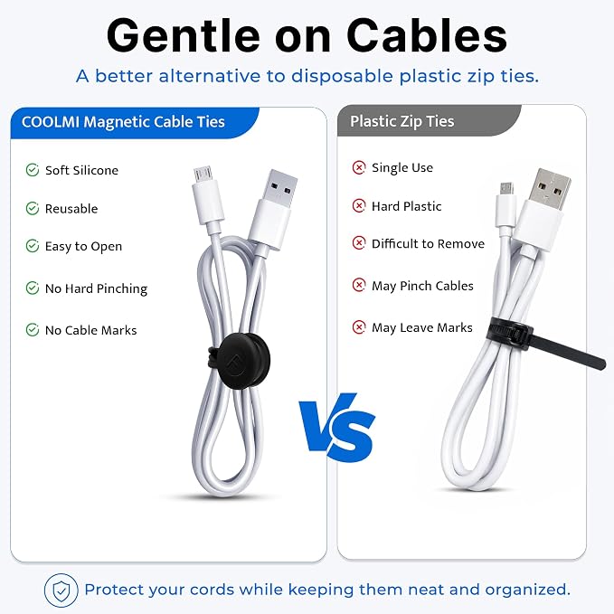 COOLMI Magnetic Cable Ties 12 Pack, 6.88 Inch Reusable Silicone Cord Organizer Wraps, Strong Magnet Cable Management Straps for Charging Cords, USB Cables, Earbuds, Desk, Travel, Black
